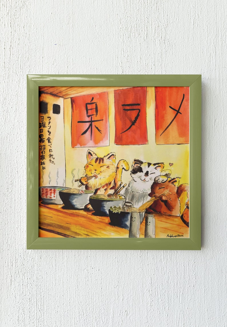 May include: A watercolor painting of three cats eating ramen in a restaurant. The restaurant has red and yellow signs that say "泉ラメ" in Japanese. The cats are sitting at a table with bowls of ramen in front of them.