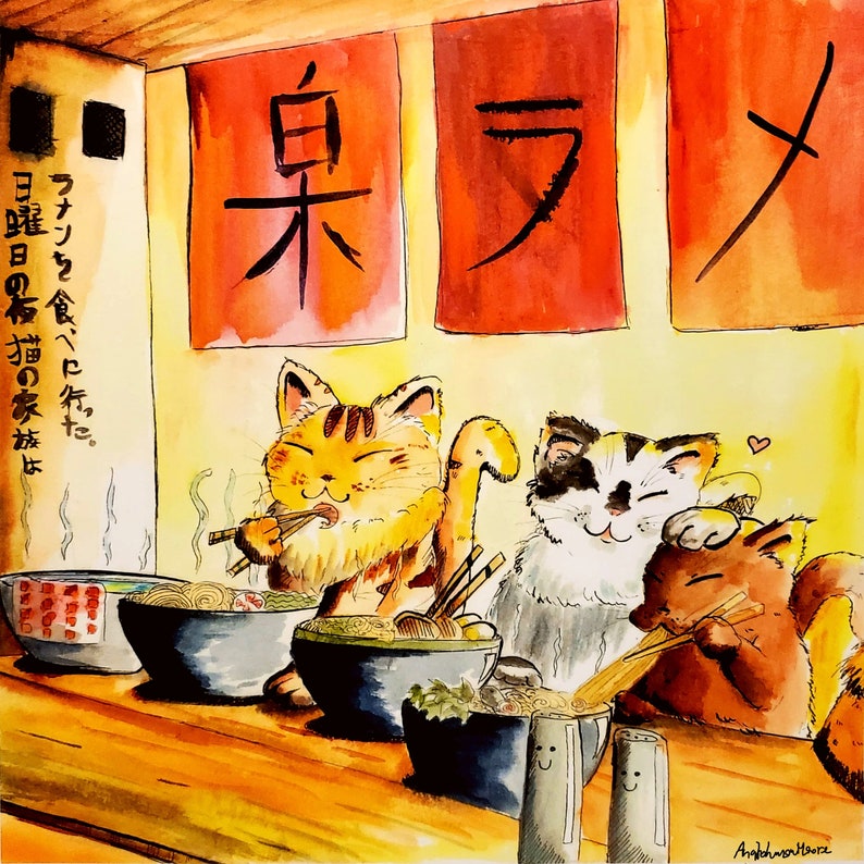 May include: Three cartoon cats enjoying a bowl of ramen noodles. The cats are sitting at a table with chopsticks in their paws. The background is a watercolor painting of a Japanese restaurant with red and yellow signs that say "ラメ" and "白木".