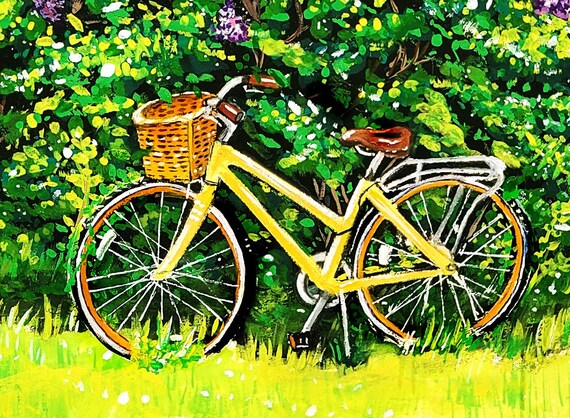 Yellow Bike Painting Gouache Art ORIGINAL 10x14 Inches Yellow Bicycle With Lilacs Gouache Original Artwork Etsy Canada
