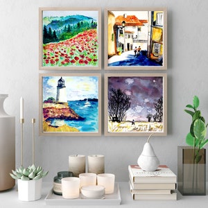 Small Square Artwork Set of Four - Landscape Painting Set For Living Room - Unique House Warming Gift - Nature Art Prints Set of 4 - Moody