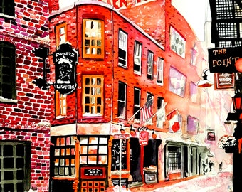 May include: A watercolor painting of a red brick building with a sign that reads "Oster House". The building has a sign that says "Swartz & Son Lawyers" and a window with a view of the street. The building is located on a street corner and there are other buildings in the background.