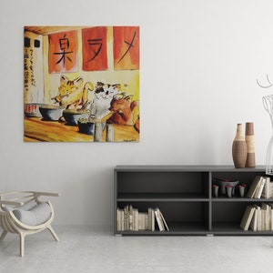 May include: A watercolor painting of three cats eating ramen at a restaurant. The restaurant has red and yellow signs with Japanese characters that read "East Ramen".