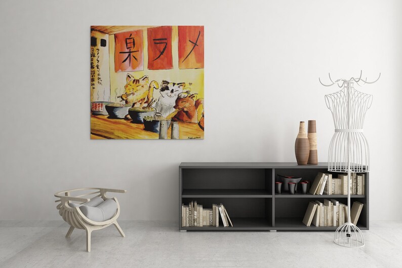 May include: A watercolor painting of three cats eating ramen at a restaurant. The restaurant has red and yellow signs with Japanese characters that read "East Ramen".