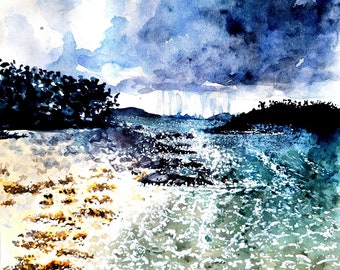 Beach Art Print - Watercolor Seascape Print - Tropical Beach Stormy - Original Landscape - Oceanscape Island Inspired  Tropical Island Art