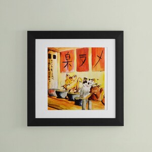 May include: A watercolor painting of three cats sitting at a table in a restaurant. The cats are eating from bowls and the restaurant has a sign that says "白木".