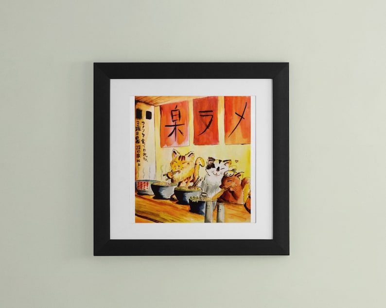 May include: A watercolor painting of three cats sitting at a table in a restaurant. The cats are eating from bowls and the restaurant has a sign that says "白木".