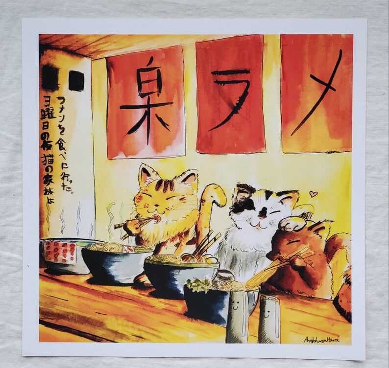 May include: A watercolor illustration of three cats enjoying a meal of ramen at a restaurant. The restaurant is decorated with red lanterns and the text "泉ラメ" is written on the lanterns. The cats are sitting at a table with bowls of ramen in front of them. The illustration is done in a whimsical style with bright colors and a playful feel.