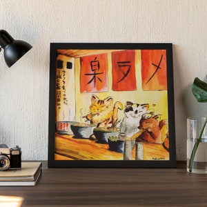 May include: A watercolor painting of four cats sitting at a table eating ramen. The restaurant is called "臭ラメ" and the text on the wall says "Sunday's cloth family went to eat fans."