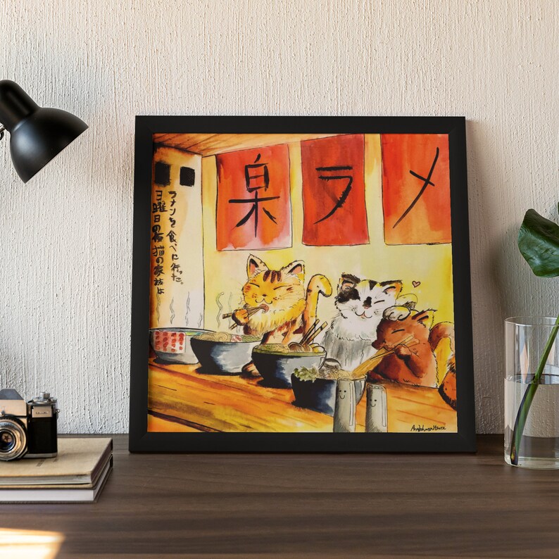 May include: A watercolor painting of four cats sitting at a table eating ramen. The restaurant is called "臭ラメ" and the text on the wall says "Sunday's cloth family went to eat fans."