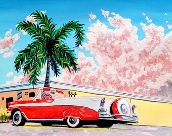 DESCARGA DIGITAL de coches retro - Decoración de Miami de los años 80 - Impresión de coches rojos en casa - Póster cuadrado - Estética Vaporwave - Vintage Car Square Art