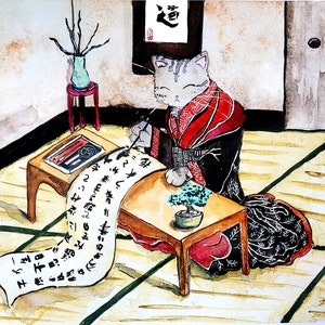 Anime Cat schrijven Japanse kalligrafie Art Print - Japan geïnspireerd - aquarel schilderij - Cat Lover Gift - Japanse cultuur