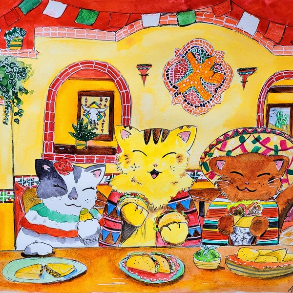 Taco Cats Painting, Kawaii Gourmet Kitties Eating Tacos Art Print, Anime Aesthetic Art, Cats eating Mexican Food - Animals Eating Painting
