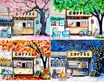 Cat Coffee Shop Set of Four Art Prints - Kawaii Anime Aesthetic Wall Art