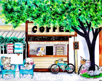 Kawaii Anime Katzen Art Print – Sommer Skizzenbuch Aquarell Poster
