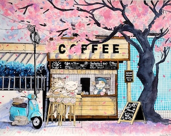 May include: A watercolor painting of a coffee shop with a cherry blossom tree overhead. Three cats are sitting at a table outside the shop, with one cat standing behind the counter. The shop has a sign that says "COFFEE" and a chalkboard sign that says "Sakura Latte".