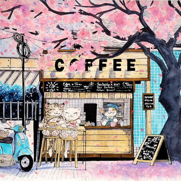 Lámina de acuarela de gatos kawaii estilo anime – Sakura floral, arte japonés