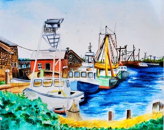 New England Harbor Watercolor Painting – Coastal Boat Art Print