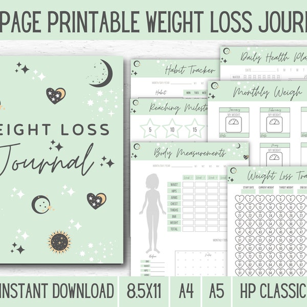 Sage Mint Weight Loss Journal Meal Planner Template Weight Loss Planner, Weight Loss Journal PDF, Weight Tracker