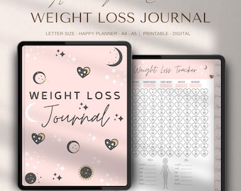 Pode incluir: Um diário de perda de peso digital imprimível com um fundo rosa e um tema celestial. A capa apresenta o texto "WEIGHT LOSS Journal" com estrelas, luas e corações. A página de rastreamento inclui uma grade para rastrear o peso, o peso alvo e o peso final.