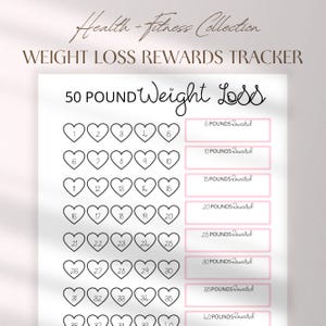 Puede incluir: Un rastreador de recompensas de pérdida de peso imprimible con 50 casillas en forma de corazón para marcar a medida que alcanzas tus objetivos. El rastreador incluye hitos de recompensa por cada 5 libras perdidas, hasta 40 libras.