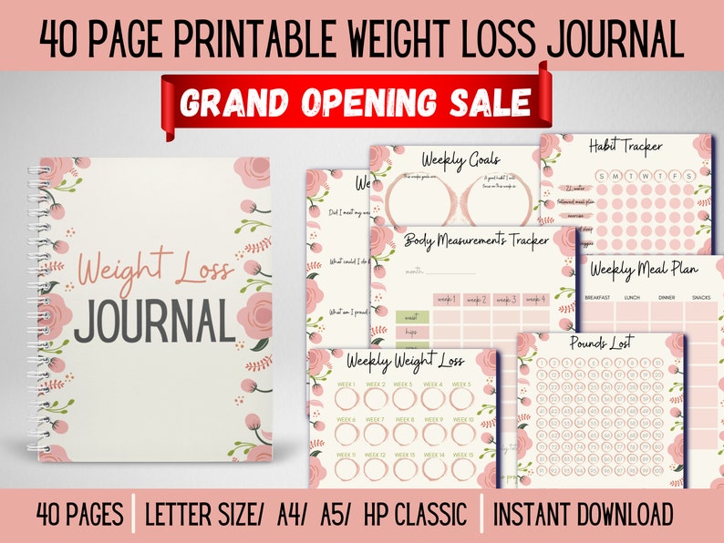 Pink Weight Loss Journal, Rose Gold Weight Loss Journal Printable Meal Planner Template PDF Weight Loss Tracker Weight Loss Motivation 