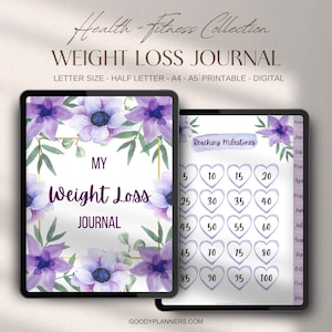 Dagboek voor gewichtsverlies met paarse lavendel | Digitale planner | Afdrukbare planner | iPad-planner | GoodNotes-planner | Maaltijdplanner