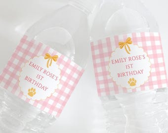 One Golden Year Pink Gingham Birthday Water Bottle Template | Golden Retriever Dog Pawty | Editable First Birthday Party Label DOGPK1