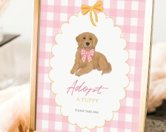 Een gouden jaar roze pastel verjaardagsfeestje borden sjabloon | Golden retriever-hond Pawty | Bewerkbare posters voor het eerste verjaardagsfeestje DOGPK1