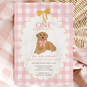 One Golden Year Pink Gingham Birthday Invitation Template | Golden Retriever Dog Pawty | Editable First Birthday Party Evite DOGPK1