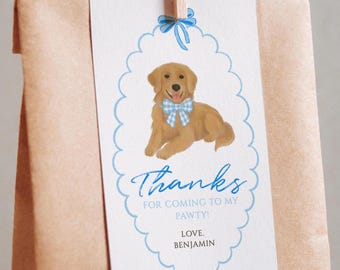 One Golden Year Blue Favor Gift Tag | Golden Retriever Dog Pawty | Editable First Birthday Treat Tag Template | Thank You Tag DOGBU1
