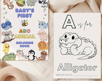 Afdrukbaar ABC-boek babyshowerspel | Kleurboek Alfabet | Baby's eerste ABC-boek | Babyshower Kleurplaten | Digitale download