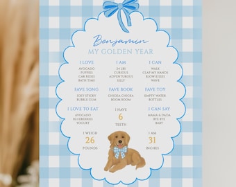 Sjabloon voor één gouden jaar blauwe pastel verjaardag mijlpaal poster | Golden retriever-hond Pawty | Bewerkbaar bord voor eerste verjaardagsfeestje DOGBU1