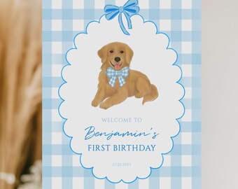 Een gouden jaar blauw pastel verjaardag welkomstbord sjabloon | Golden retriever-hond Pawty | Bewerkbare poster eerste verjaardagsfeestje DOGBU1