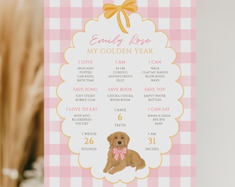 Een gouden jaar roze pastel verjaardag mijlpaal poster sjabloon | Golden retriever-hond Pawty | Bewerkbaar bord voor eerste verjaardagsfeestje DOGPK1