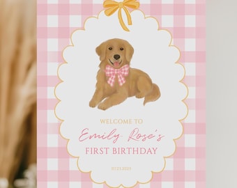 Een gouden jaar roze pastel verjaardag welkomstbord sjabloon | Golden retriever-hond Pawty | Bewerkbare poster eerste verjaardagsfeestje DOGPK1