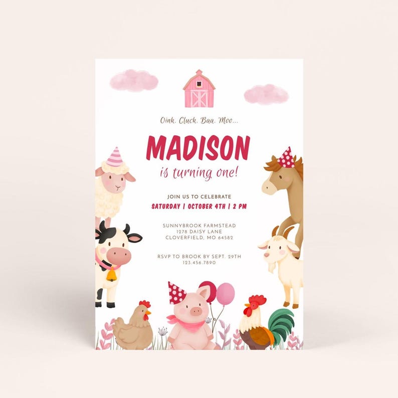Farm Animal Barnyard Birthday Invitation Girl | Oink Cluck Baa Moo Barn ...
