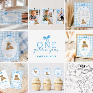 One Golden Year Blue Gingham Birthday Party Decoration Bundle | Golden Retriever 1st Bday Dog Pawty | Editable Decor Template Bundle DOGBU1