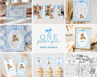 One Golden Year Blue Gingham Birthday Party Decoration Bundle | Golden Retriever 1st Bday Dog Pawty | Editable Decor Template Bundle DOGBU1