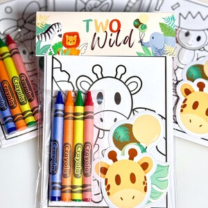 Bomboniera personalizzata per la festa di compleanno di Two Wild per bambini / Pacchetto da colorare con animali del safari / Kit di adesivi per fogli da colorare / Sacchetto regalo Wild One