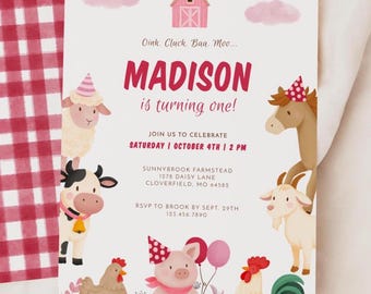 Farm Animal Barnyard Birthday Invitation Girl | Oink Cluck Baa Moo Barn Theme Party |  Editable Pink Invite | Personalizable