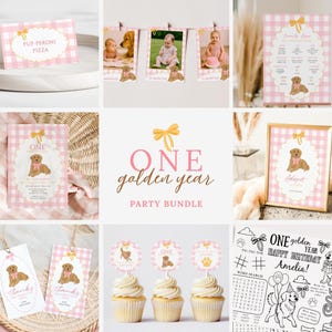 One Golden Year Pink Gingham Birthday Party Decoration Bundle | Golden Retriever 1st Bday Dog Pawty | Editable Decor Template Bundle DOGPK1
