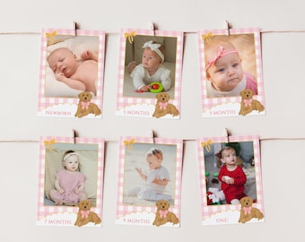 Sjabloon voor spandoek foto één gouden jaar roze pastel | Golden Retriever Pawty | Bewerkbare mijlpaalvlaggen eerste verjaardagsfeestje DOGPK1