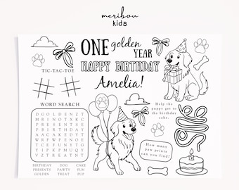 One Golden Year Golden Retriever Bows Birthday Activity Coloring Page | First Birthday Party Games | Kids Table Coloring Placemat DOGPK1