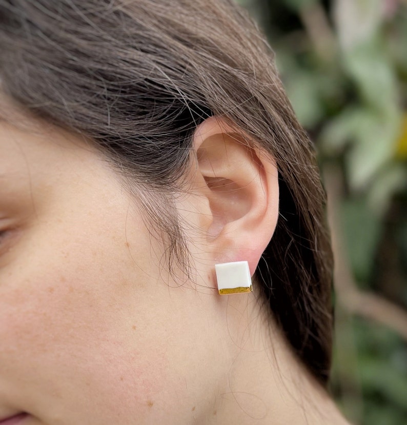 Minimalist Earrings Simple Studs White Porcelain Earrings Porcelain /& Gold Luster Studs