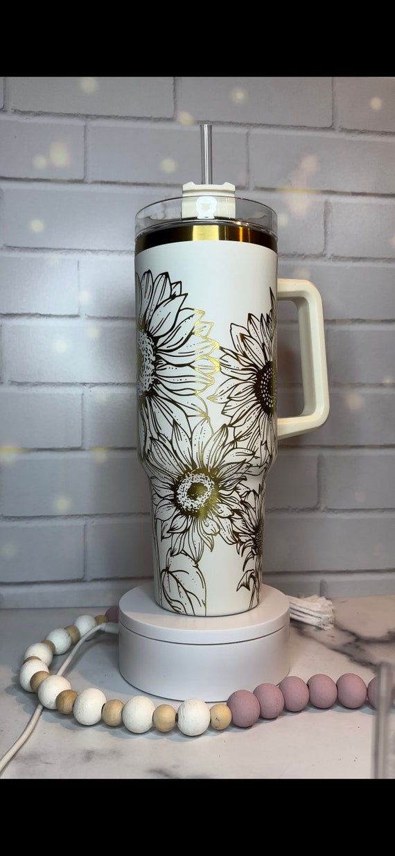 Sunflower Stanley Tumbler, Engraved 40oz Quencher, Personalized Travel Mug  With Handle, Large Coffee Cup, Water Bottle Floral Full Wrap 