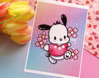 Kawaii White Dog and Cherry Blossoms Print / Glossy Cute Art Prints For Your Wall / Kawaii Animal Prints