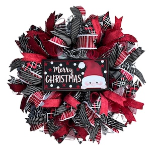 Plaid Santa Christmas Wreath: Red & Black Holiday Door Decor