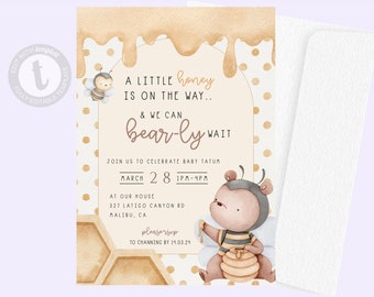 Bearly Wait Baby Shower Invitation Template | Neutral Templett Editable Digital Invite Bear Birthday Boho Instant Download