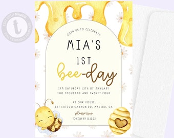 Bee 1st Birthday Invitation Template | Templett Editable Digital Invite Baby Bday Bees Instant Download