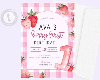 Berry First Birthday Invitation Template | Templett Editable Digital Invite Girl Birthday Strawberry Instant Download